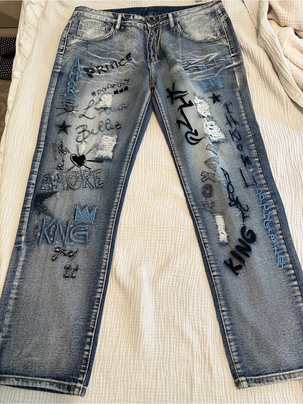 Grunge y2k Distressed Embroidered Graphic graffiti Jeans 42 king prince love tag